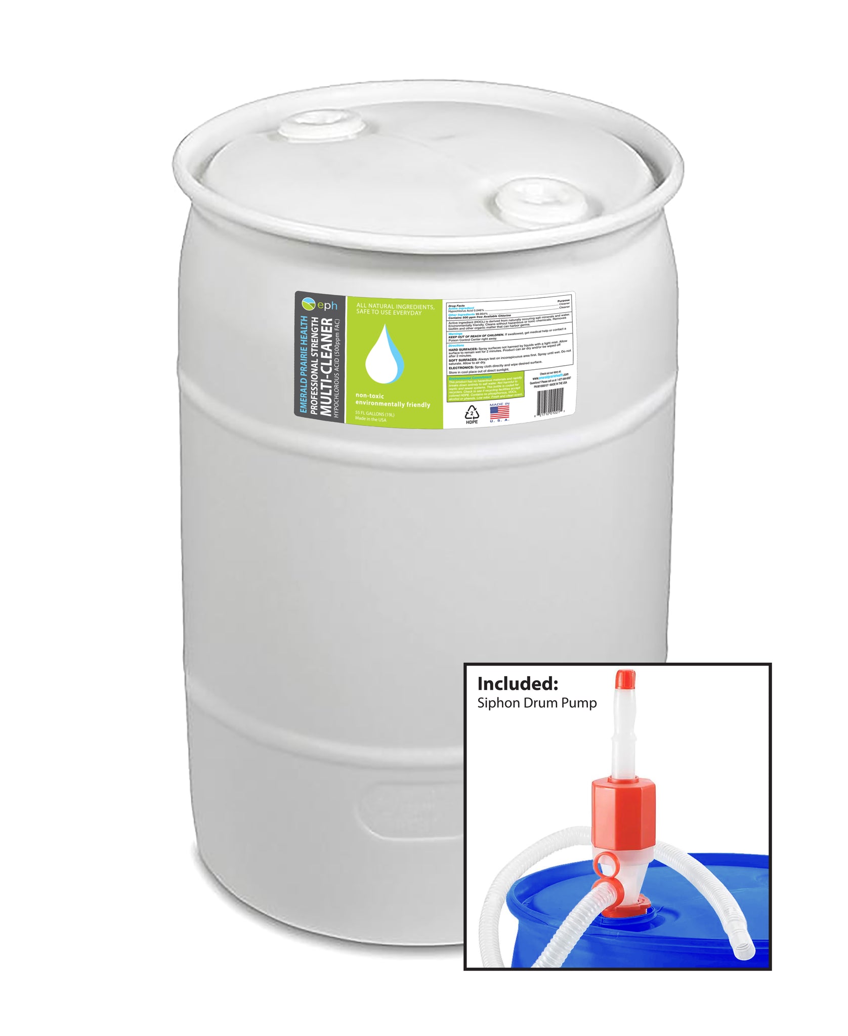 Emerald Prairie Health Professional Grade Surface Cleaner HOCl 500ppm - 55 Gallons With Pump